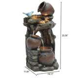 Tiered outdoor fountain with three rustic pots, a blue bird figurine, and water flowing between levels; features LED lights and measures approximately 25.59 tall, 14.17 wide, and 11.81 deep.