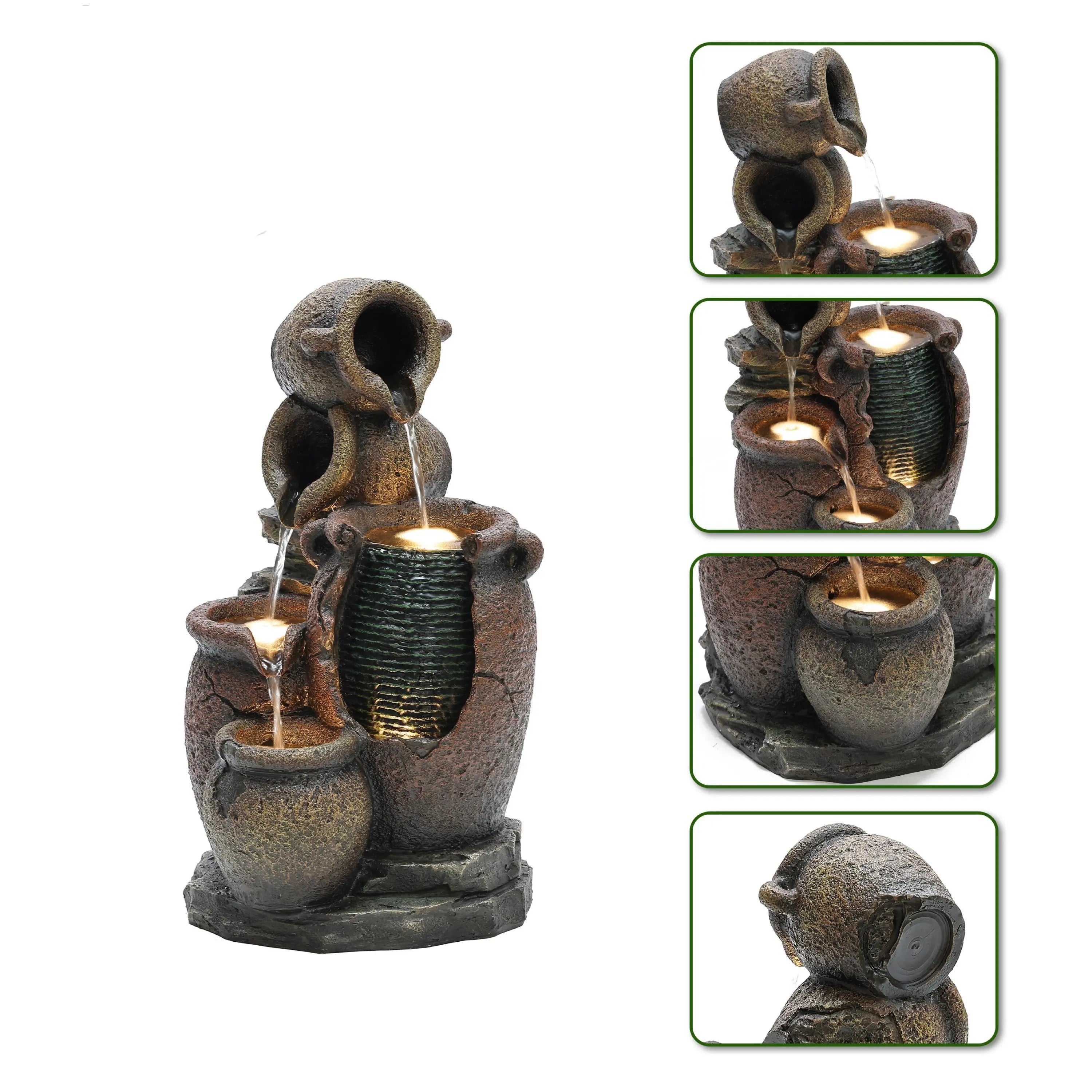 A weather-resistant urn outdoor fountain features three stacked jars with water flowing between them and built-in LED lights; four close-up views highlight its elegant design from different angles.