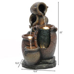 Three-tiered urn outdoor fountain with rustic urns and weather-resistant design; water cascades down each level, enhanced by LED lights. Approximate dimensions: 22 inches tall, 12.2 inches wide.