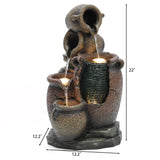 Three-tiered urn outdoor fountain with rustic urns and weather-resistant design; water cascades down each level, enhanced by LED lights. Approximate dimensions: 22 inches tall, 12.2 inches wide.