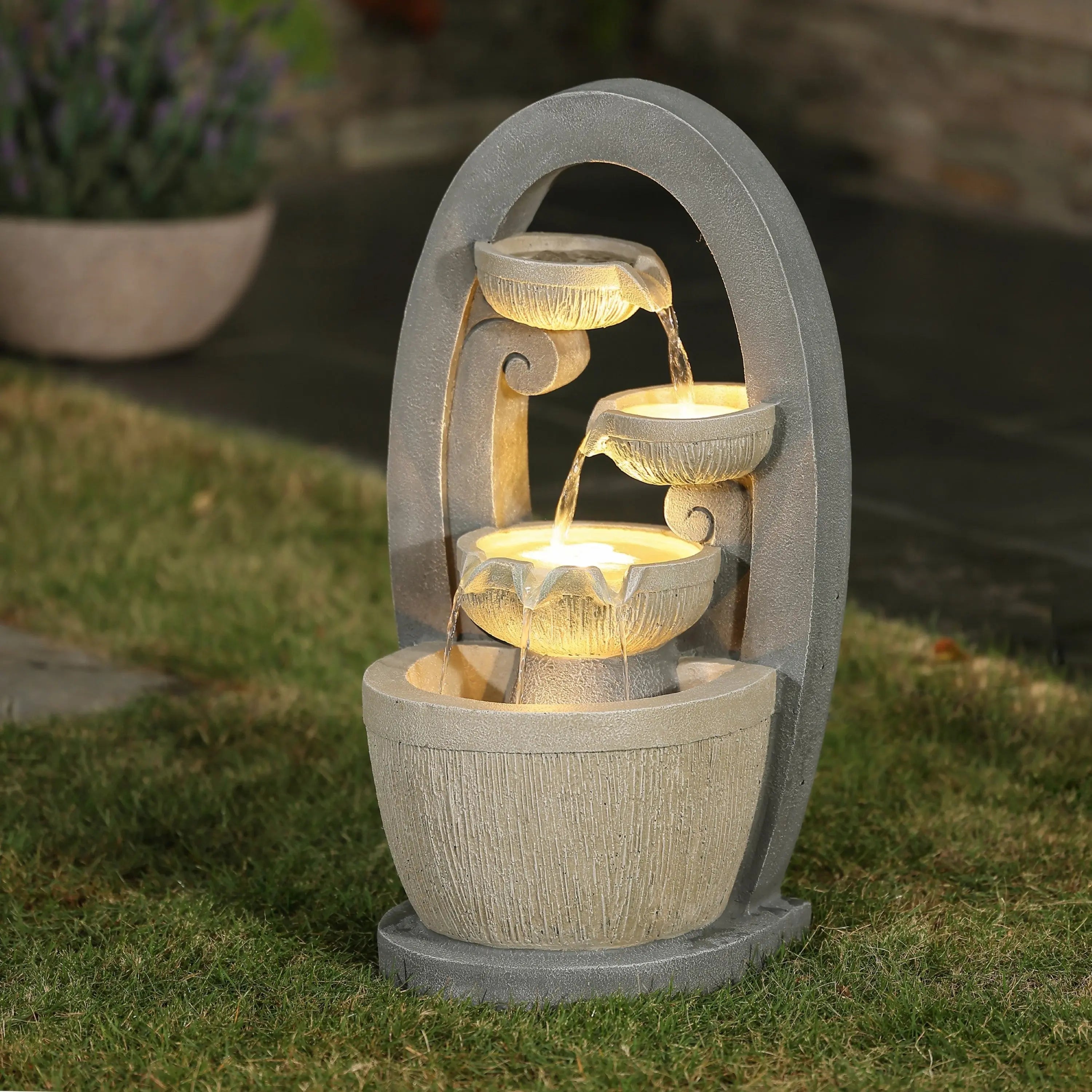 faux succulent fountain w/ led lights 7.5in Cascading Bowls Water Fountain with LED Lights