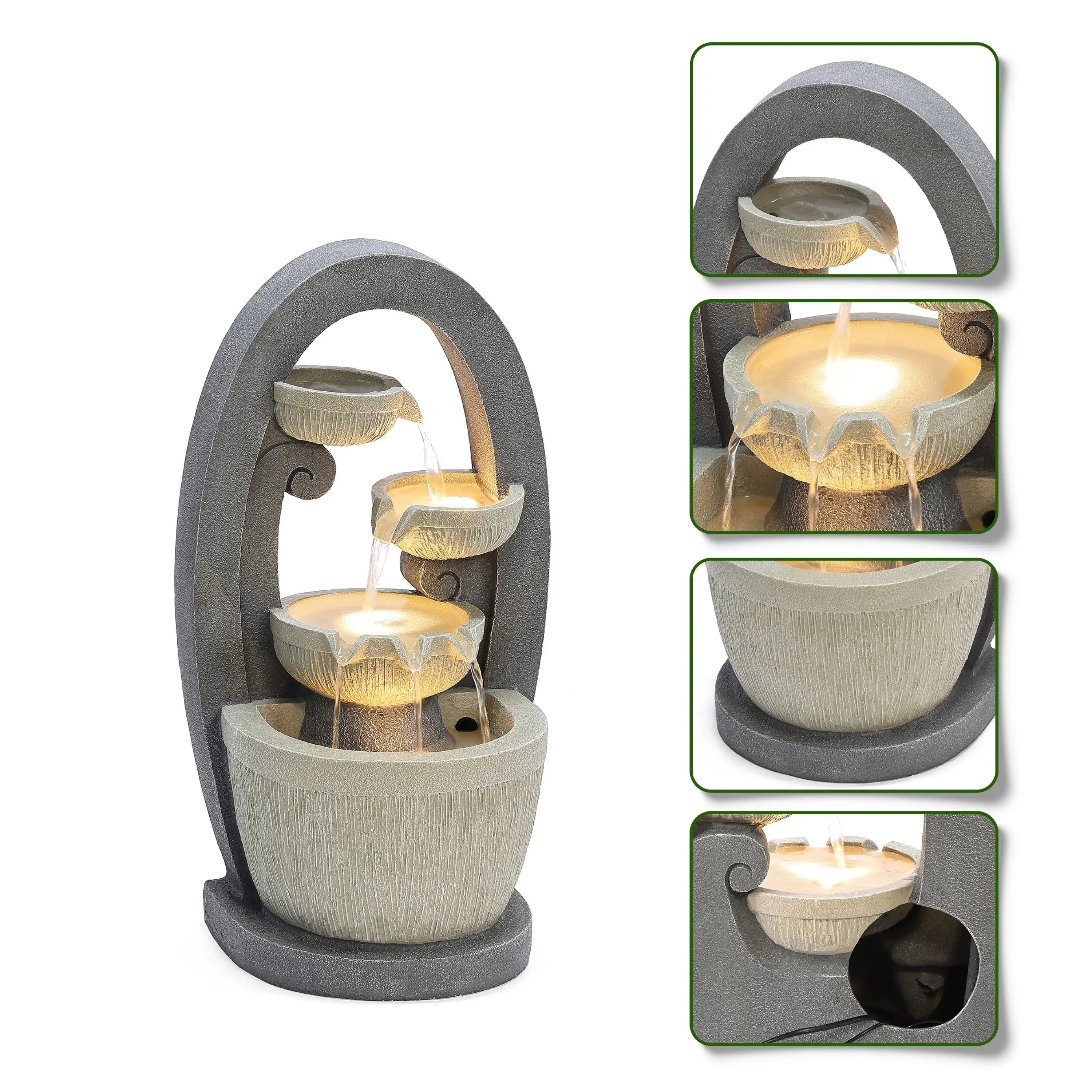 Cascading bowls water fountain with three illuminated tiers in gray and beige, showing close-up details of water flow, LED lights, texture, and power cord connection—perfect for enhancing any outdoor space.