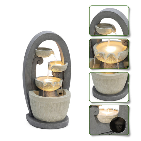 Gray Oval Cascading Bowls Resin Outdoor Fountain with LED Lights
