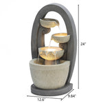 A cascading bowls water fountain with flowing water and built-in LED lights, this 24-inch tall piece adds tranquility and charm to any outdoor space. Measuring 12.6 inches wide and 9.84 inches deep, it’s perfect for your garden or patio.