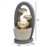 A cascading bowls water fountain with flowing water and built-in LED lights, this 24-inch tall piece adds tranquility and charm to any outdoor space. Measuring 12.6 inches wide and 9.84 inches deep, it’s perfect for your garden or patio.