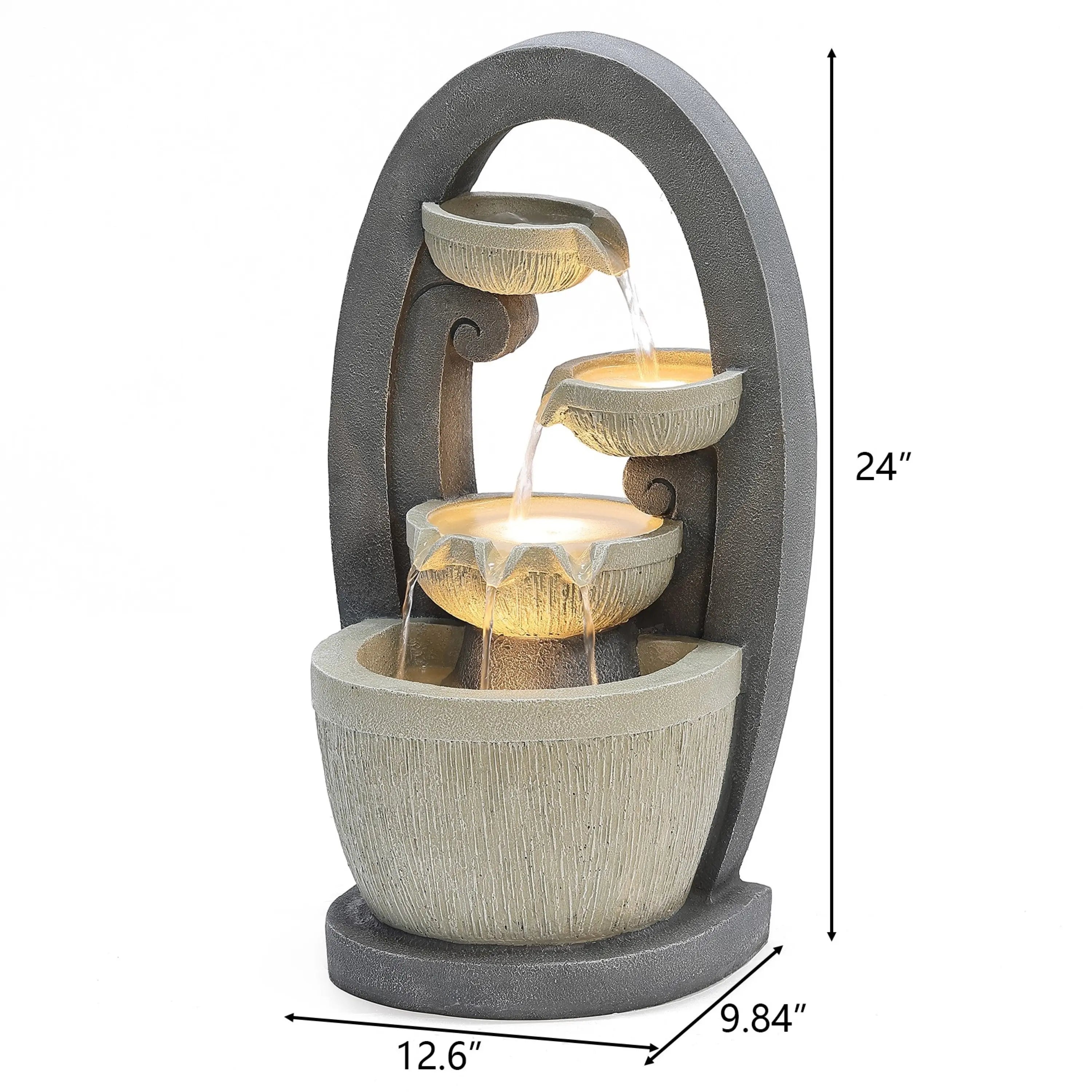 A cascading bowls water fountain with flowing water and built-in LED lights, this 24-inch tall piece adds tranquility and charm to any outdoor space. Measuring 12.6 inches wide and 9.84 inches deep, it’s perfect for your garden or patio.