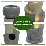 Collage of a modern stone-textured outdoor fountain with geometric design details, LED lights, and a central text circle reading QUALITY & STYLE for EVERYDAY LIVING—perfect to elevate garden spaces.