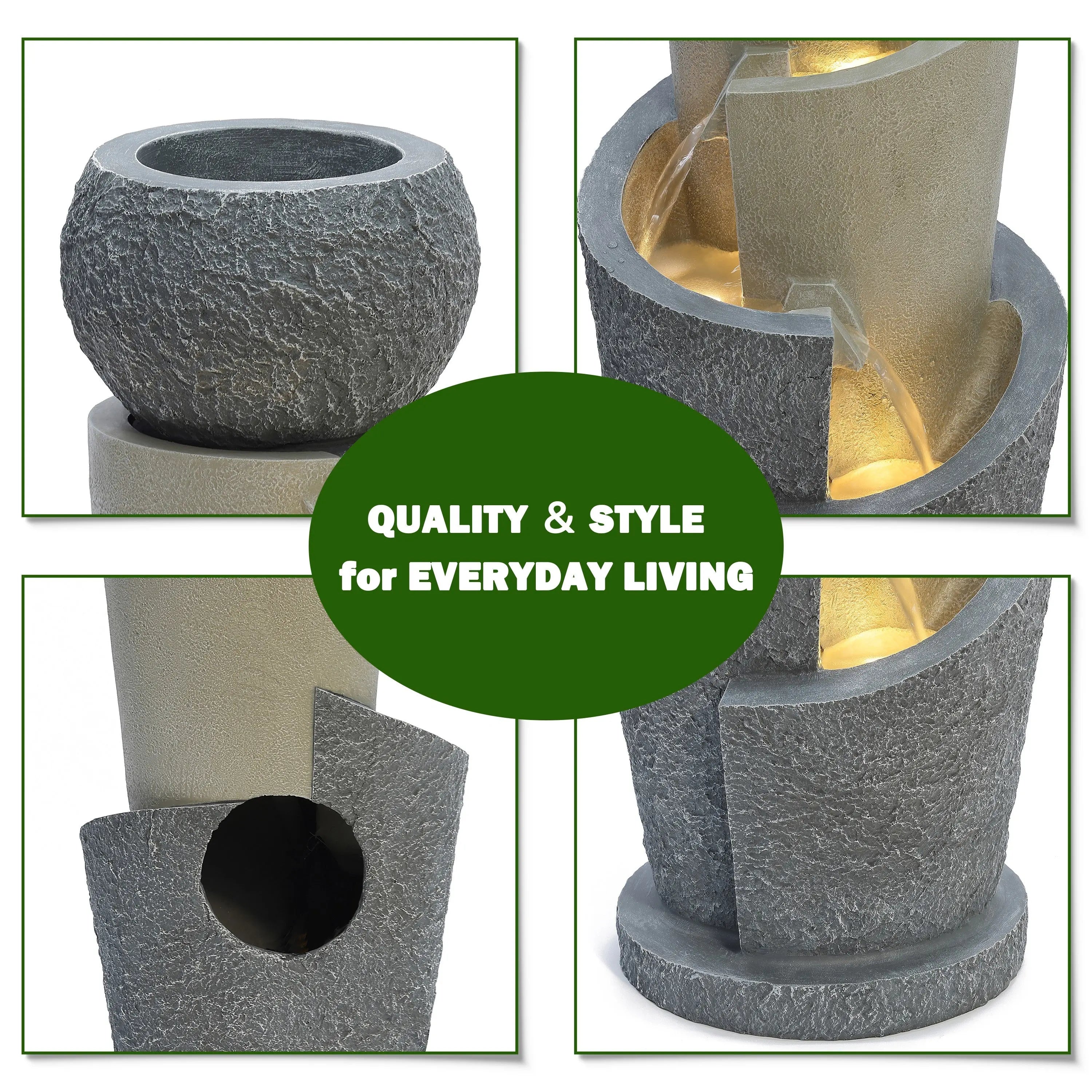 Collage of a modern stone-textured outdoor fountain with geometric design details, LED lights, and a central text circle reading QUALITY & STYLE for EVERYDAY LIVING—perfect to elevate garden spaces.