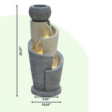 Tall gray outdoor water fountain with textured surface, three cascading bowls, and built-in LED lights. Perfect for garden spaces. Dimensions are 26.57 high, 9.45 deep, and 10.63 wide.