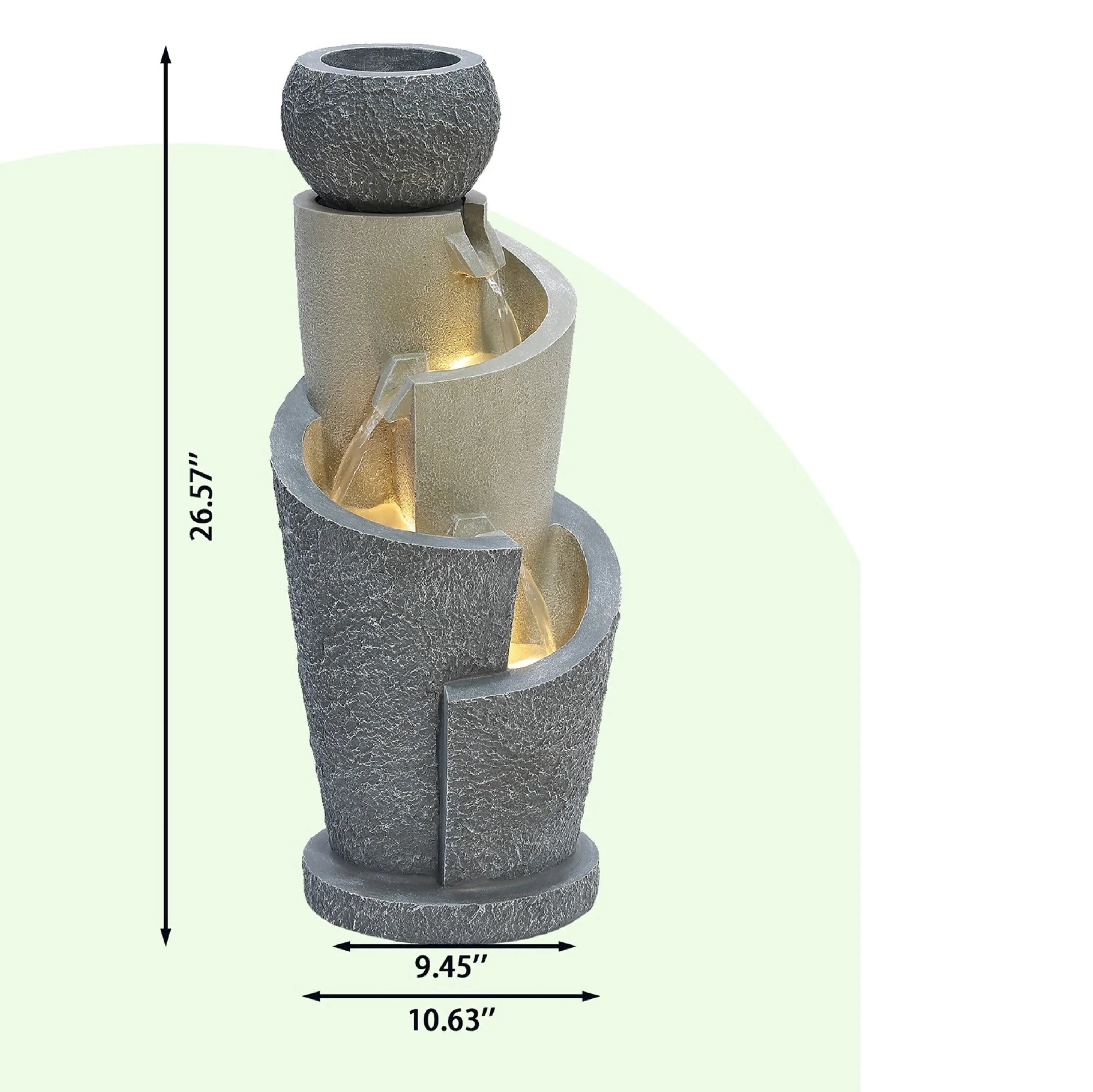 Tall gray outdoor water fountain with textured surface, three cascading bowls, and built-in LED lights. Perfect for garden spaces. Dimensions are 26.57 high, 9.45 deep, and 10.63 wide.
