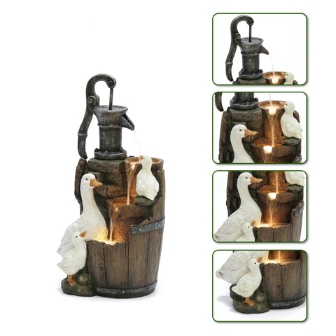 Farmhouse Pump and Duck Family Resin Outdoor Fountain with LED Lights