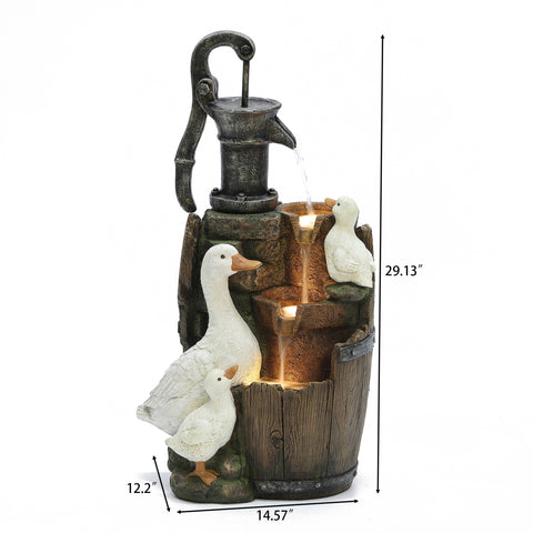 Farmhouse Pump and Duck Family Resin Outdoor Fountain with LED Lights