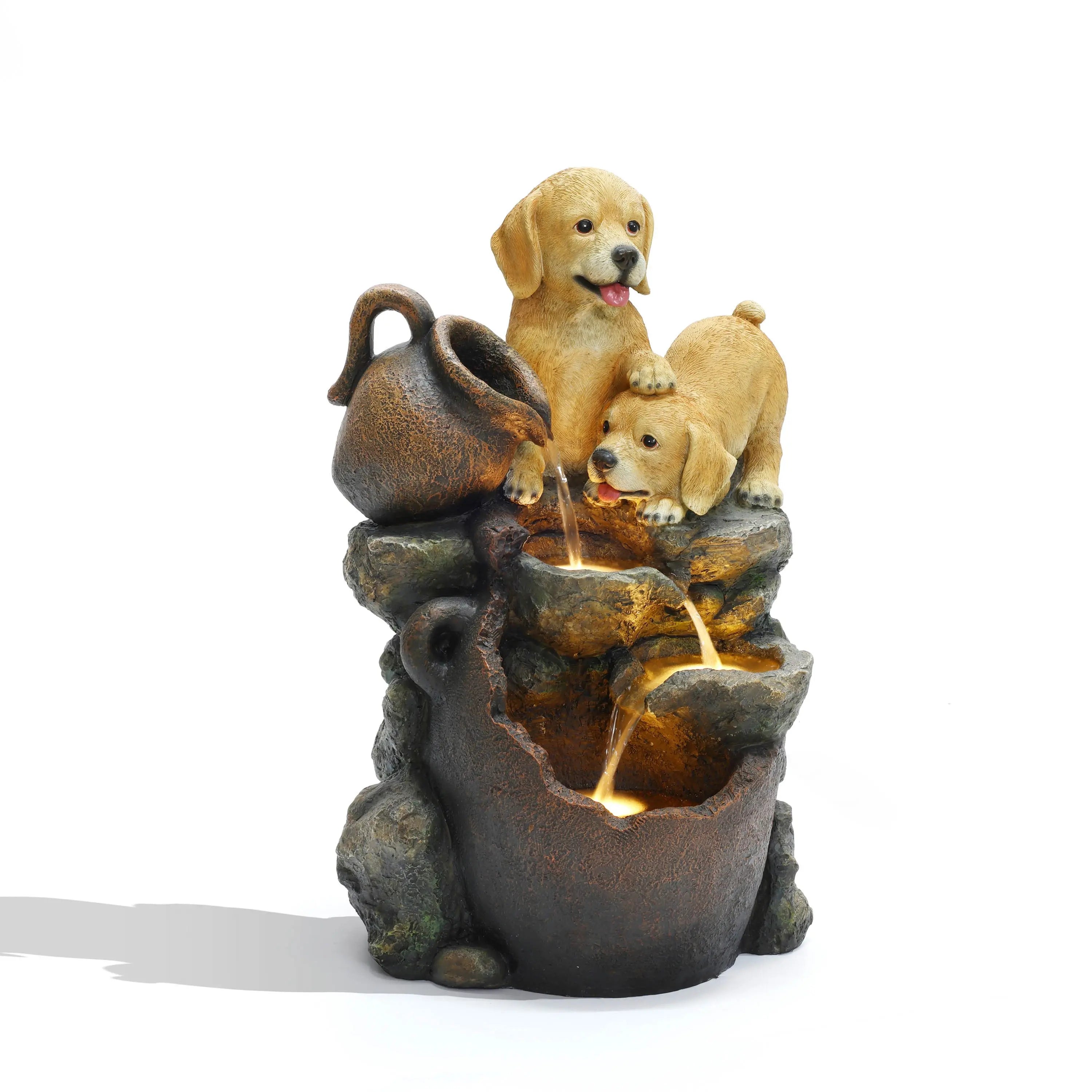 outdoor-fountain-with-two-puppies-next-to-a-waterfall