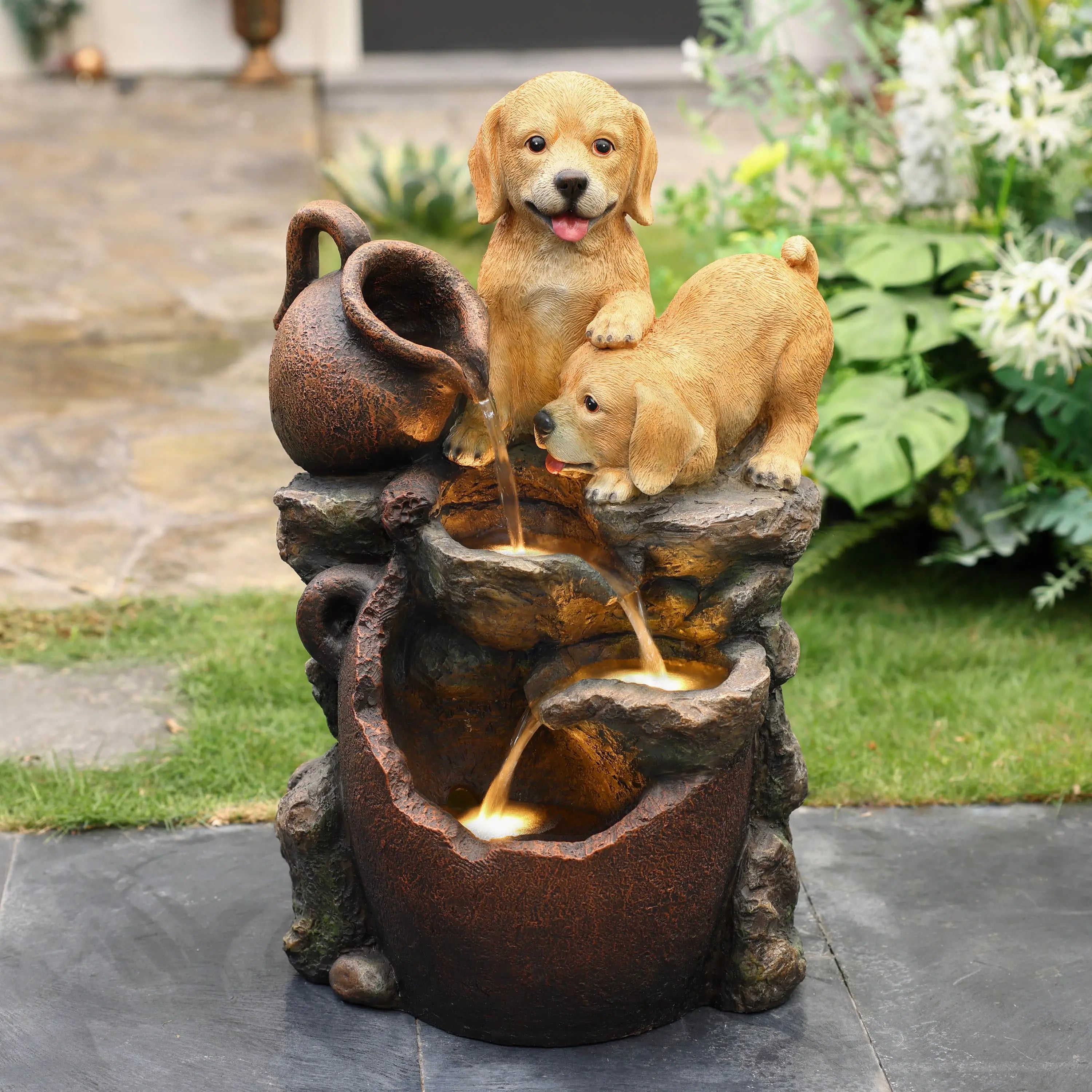 Adorable-two-puppies-trying-to-drink-water-with-led-lights-outdoor-fountain