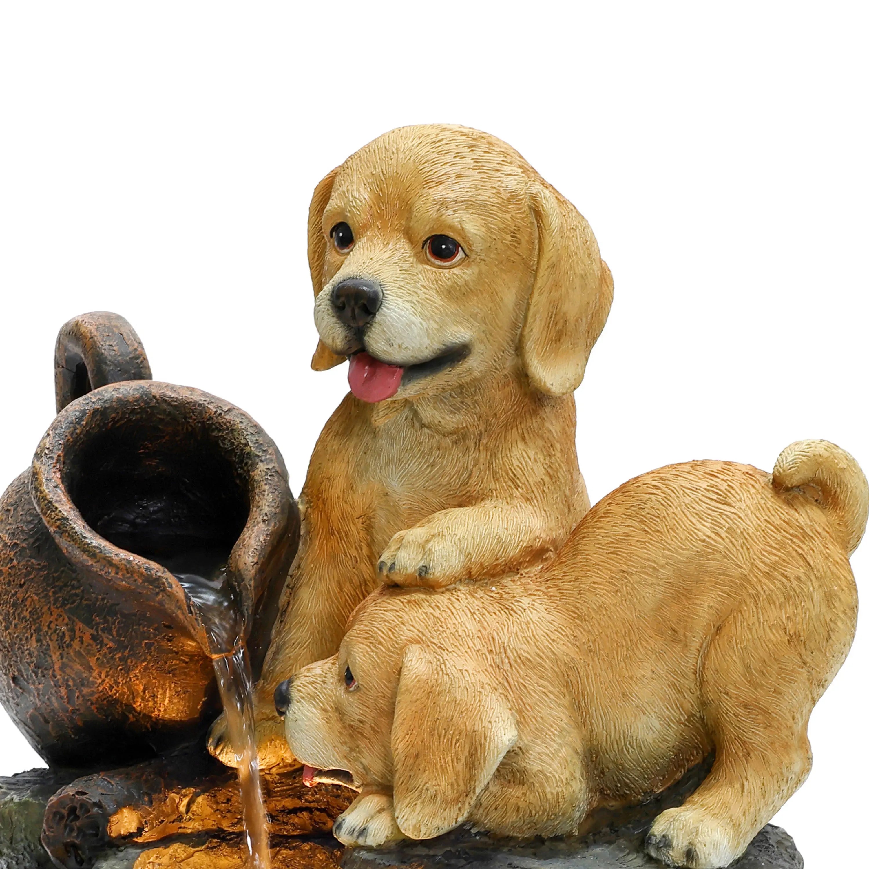 two-puppies-next-to-waterfall-on-a-fountain-with-led-lights