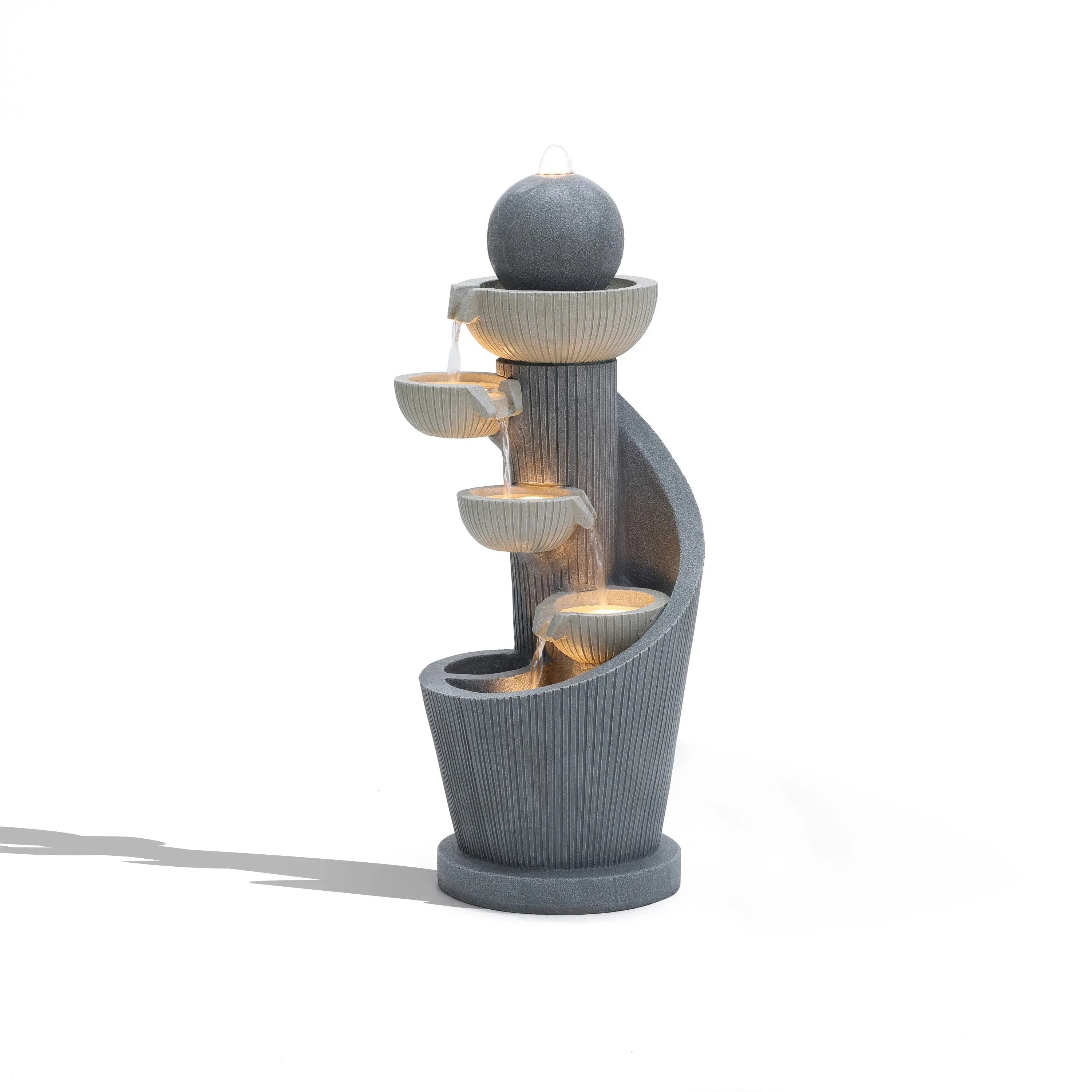 Spiral 5-Tier Outdoor Water Fountain with Bubbler and LED Lights - LuxenHome