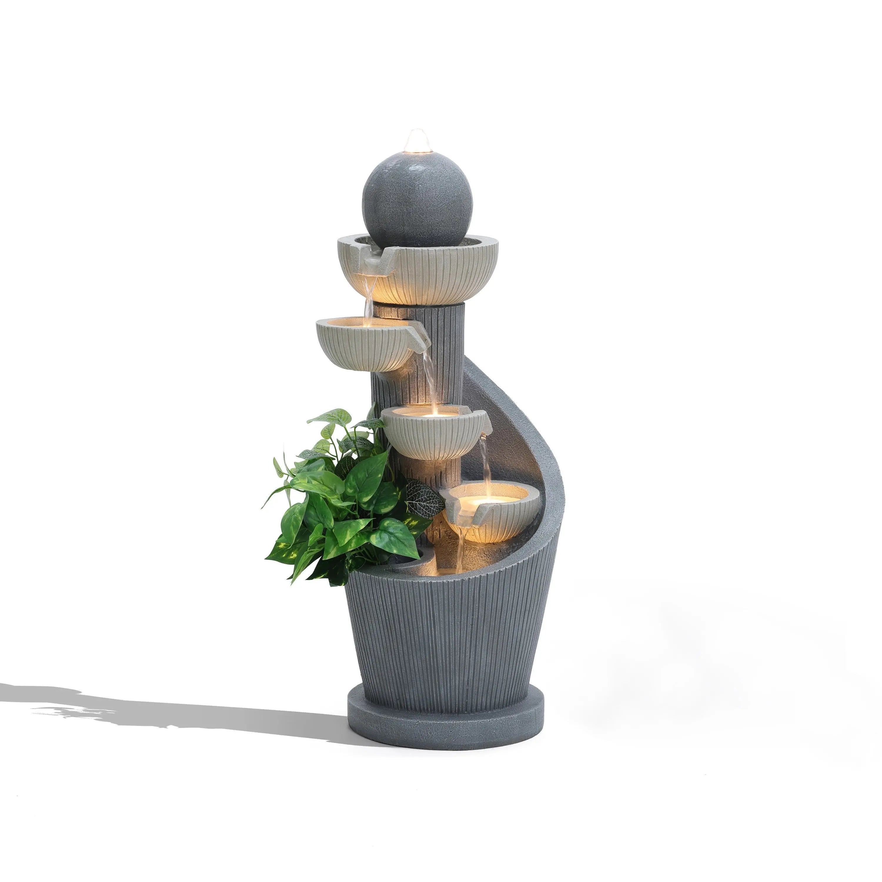 Spiral 5-Tier Outdoor Water Fountain with Bubbler and LED Lights - LuxenHome