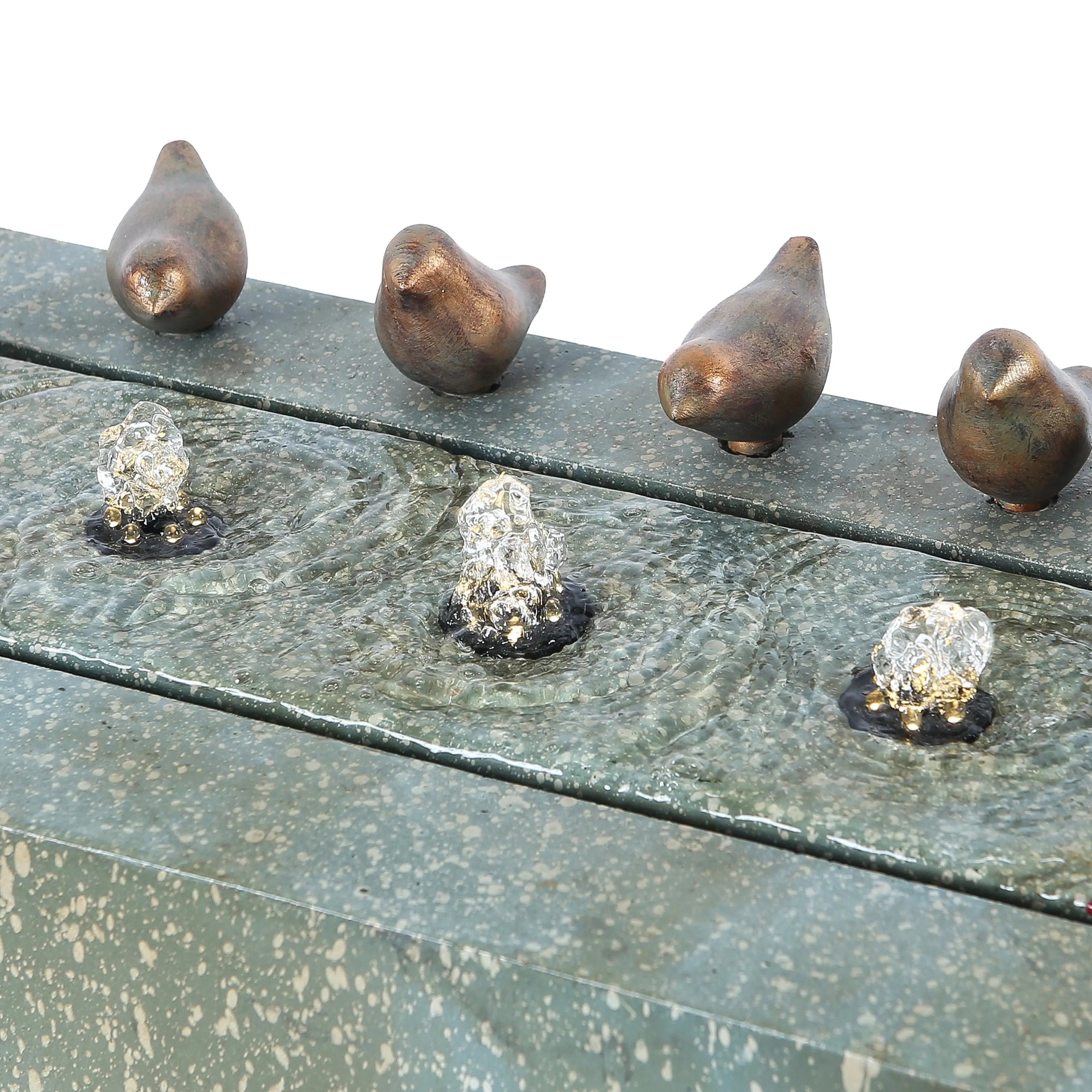 Four small bird sculptures sit atop this outdoor fountain, where three bubbling water features create the soothing sound of flowing water in a speckled green base—perfect for your patio or garden.