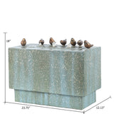 Rectangular blue-green birdbath with six small bird sculptures on top, flowing water spouts, and dimensions of 18 high, 23.75 wide, and 12.13 deep—perfect as an outdoor fountain for your patio or garden.