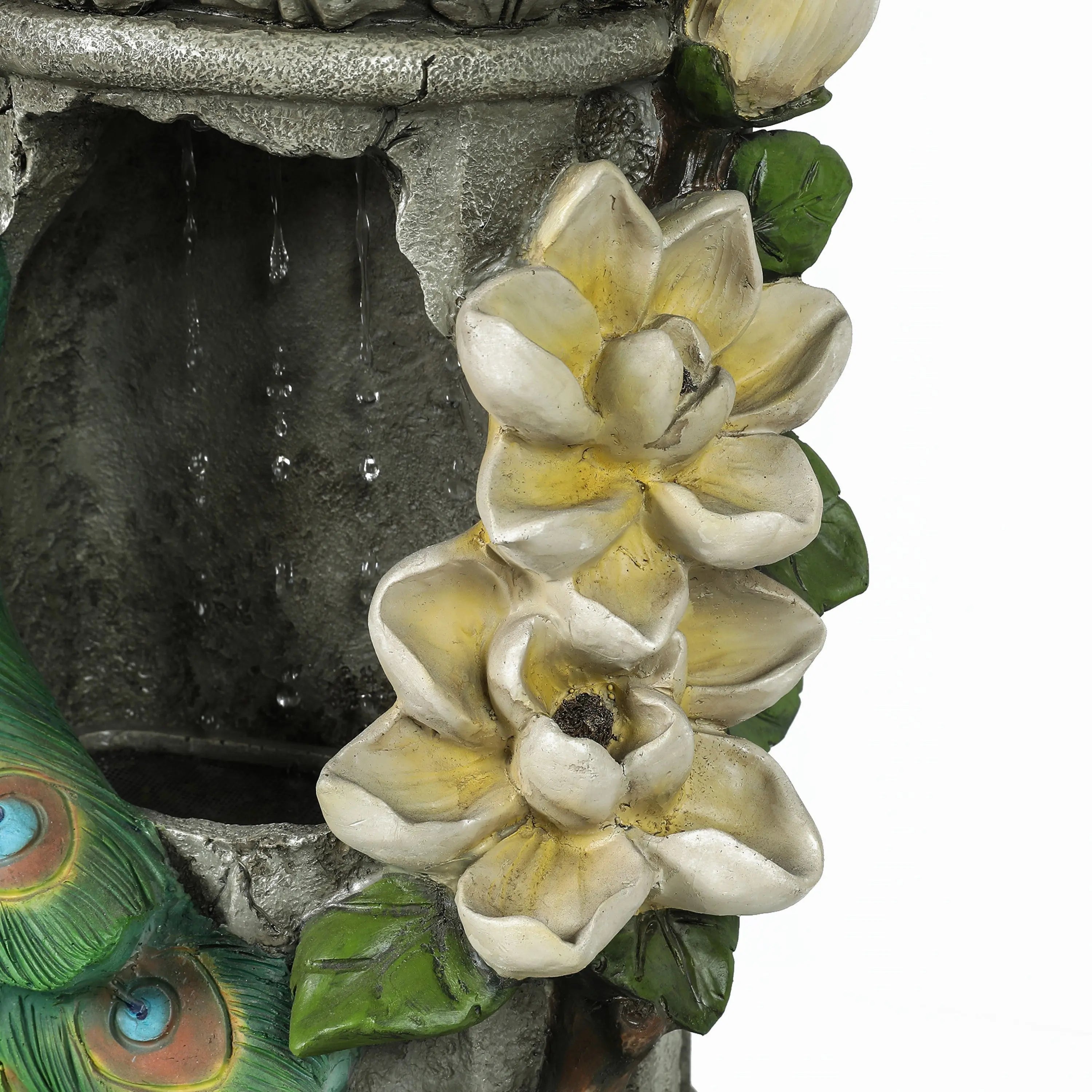 flowers-details-on-resin-blue-peacock-outdoor-fountain