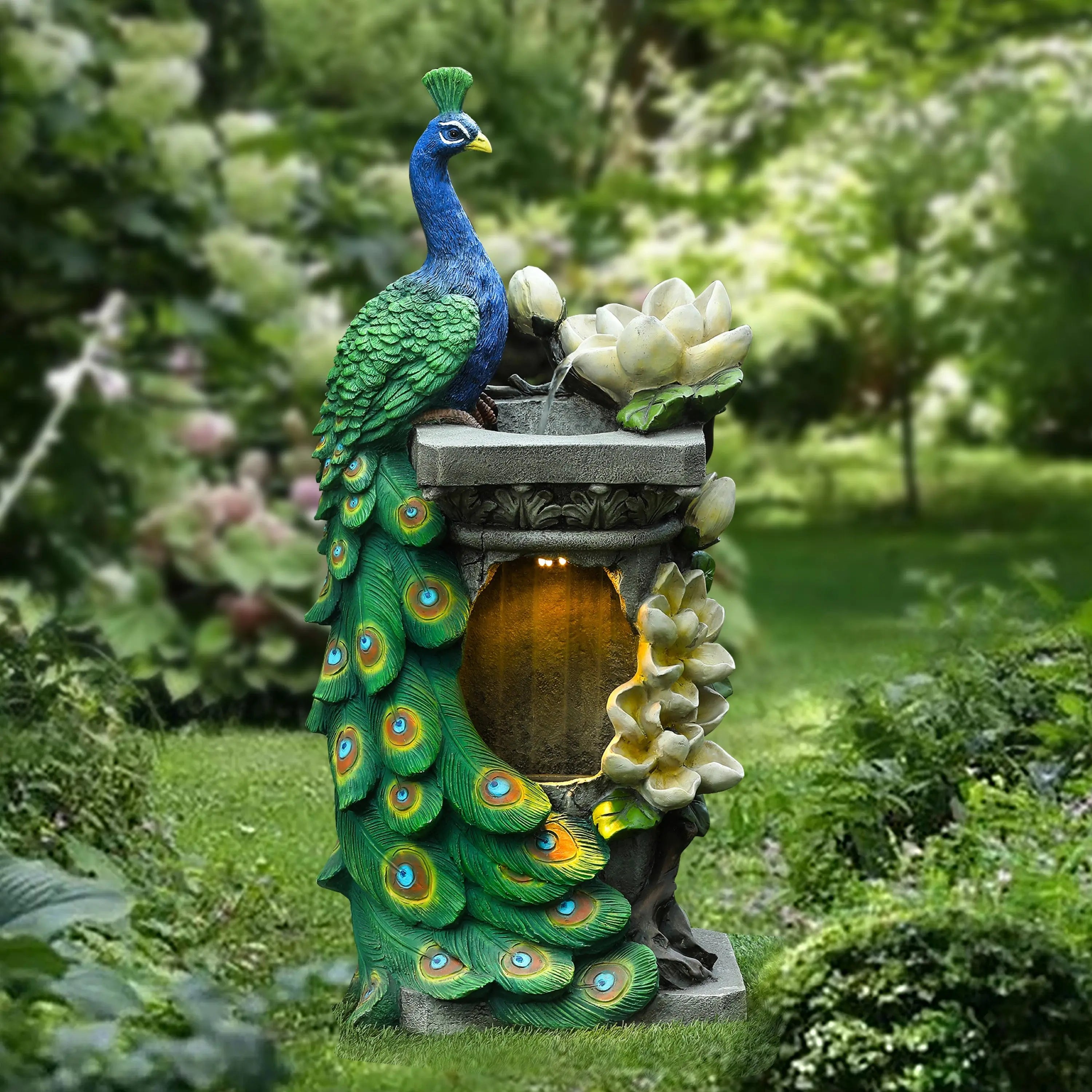 elegant-blue-peacock-and-detailed-feathers-outdoor-fountain