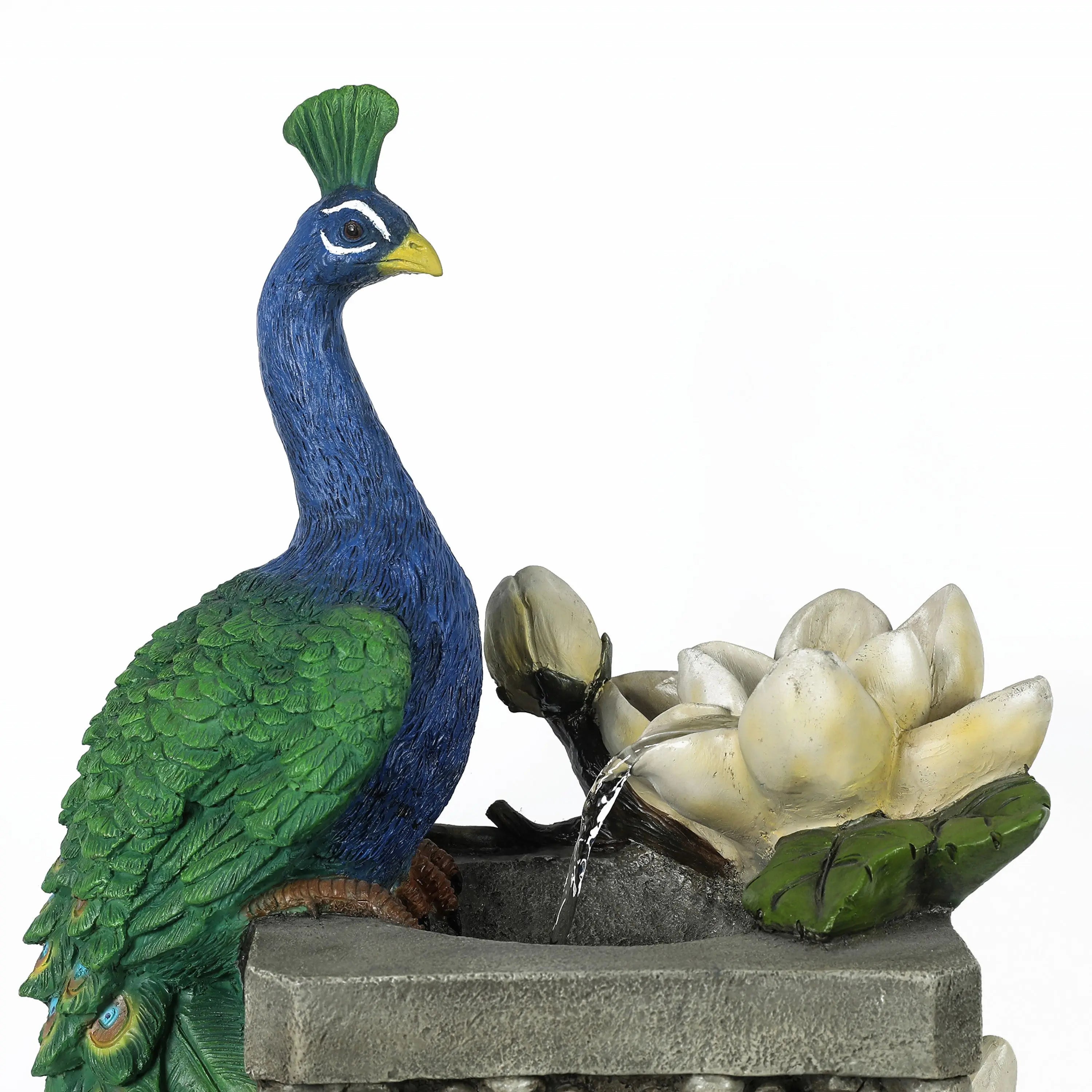 peacock-next-to-a-lotus-flower-fountain