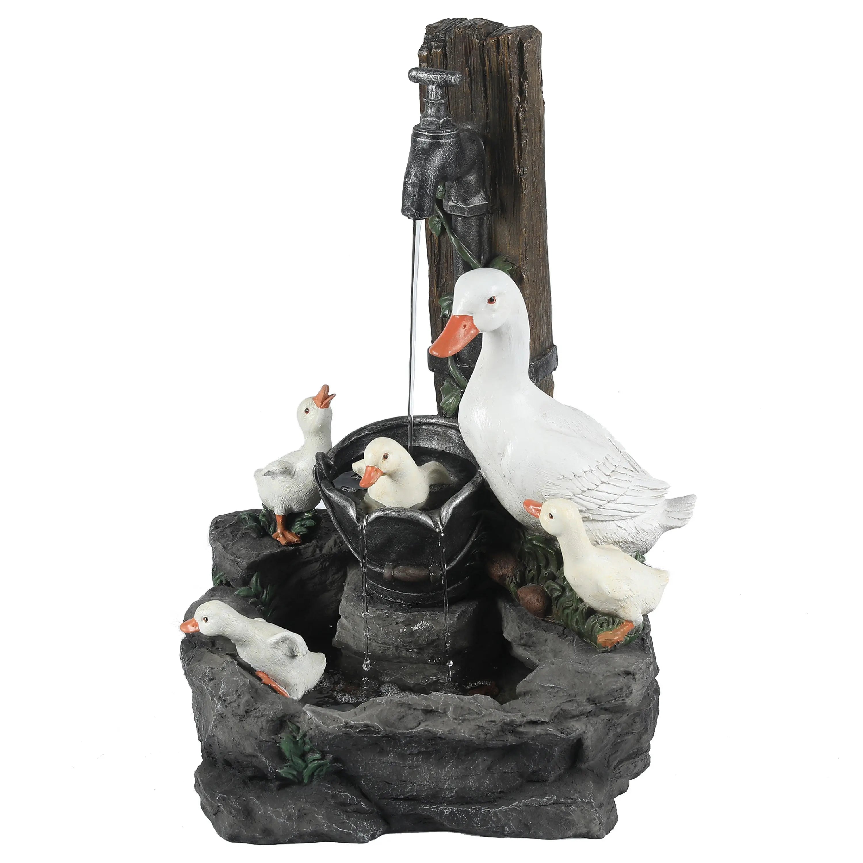 A decorative resin water fountain featuring a white duck and four ducklings around a stone basin, with water flowing from a faucet above—perfect for brightening your outdoor space.