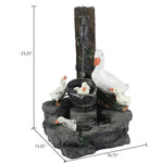 A decorative resin water fountain featuring four white ducks around a water pump and bucket, with an LED light to enhance your outdoor space. Dimensions: 23.25 tall, 16.75 wide, and 13.25 deep.
