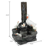 A decorative resin water fountain featuring four white ducks around a water pump and bucket, with an LED light to enhance your outdoor space. Dimensions: 23.25 tall, 16.75 wide, and 13.25 deep.