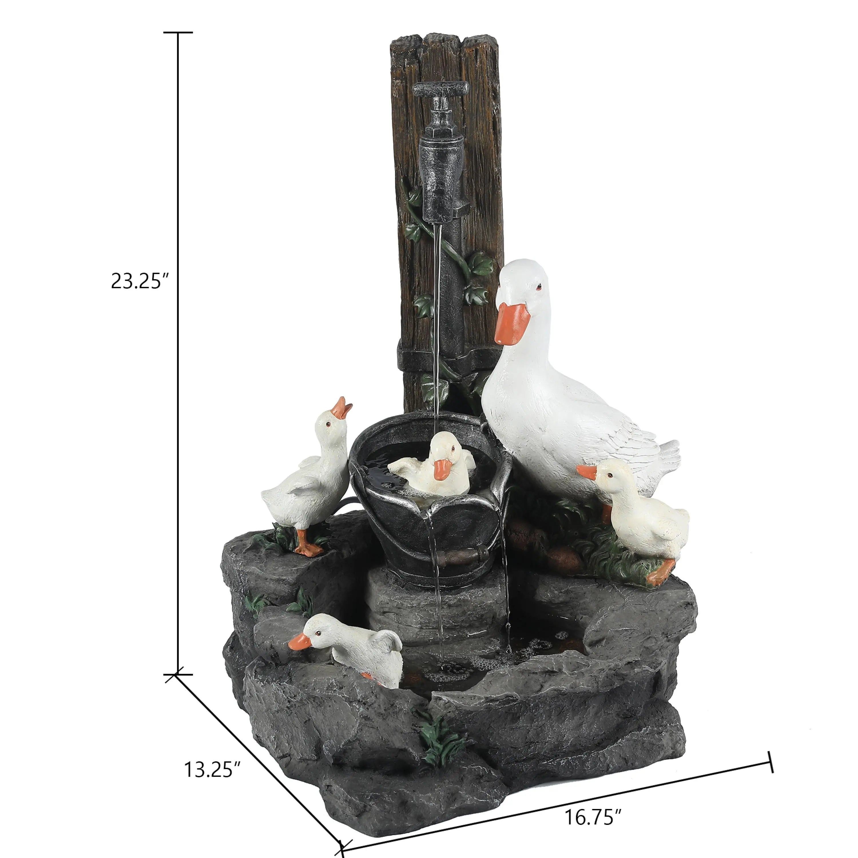 A decorative resin water fountain featuring four white ducks around a water pump and bucket, with an LED light to enhance your outdoor space. Dimensions: 23.25 tall, 16.75 wide, and 13.25 deep.