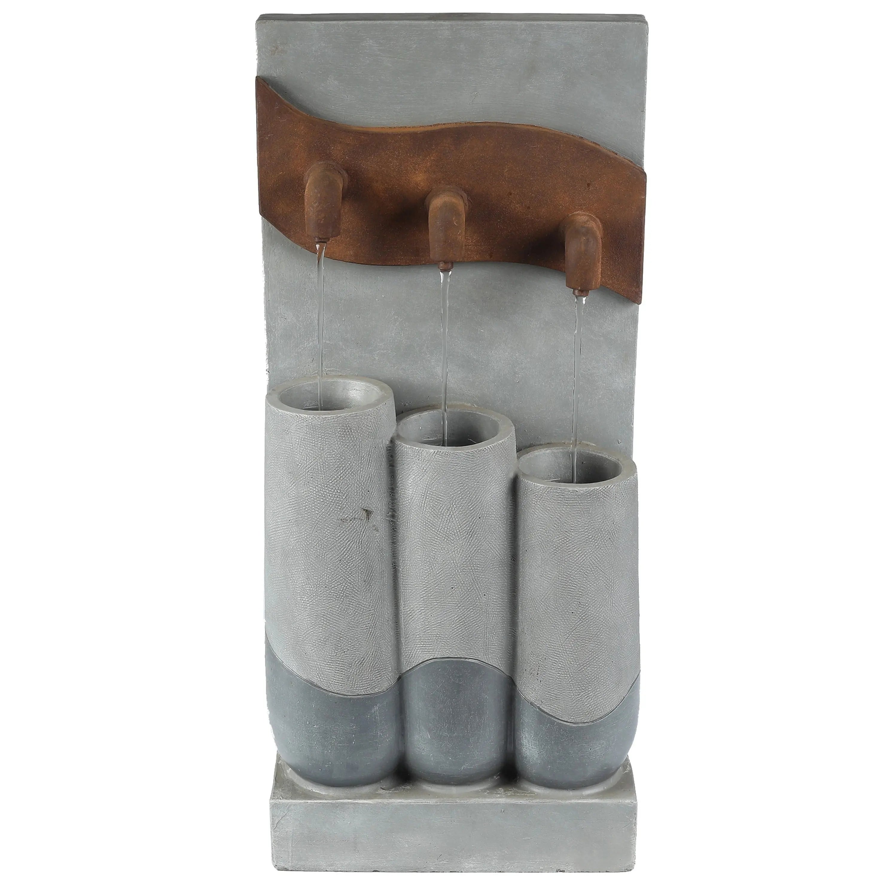 A tabletop fountain with LED light features three vertical cylindrical basins and spouts, with water cascading from each spout into the stacked urns below—perfect for enhancing outdoor living areas.