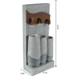 A rectangular fountain with LED light features three vertical spouts pouring water into cylindrical basins, ideal for outdoor living areas; dimensions are 35.63 tall, 16.54 wide, and 8.06 deep.