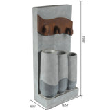 A rectangular fountain with LED light features three vertical spouts pouring water into cylindrical basins, ideal for outdoor living areas; dimensions are 35.63 tall, 16.54 wide, and 8.06 deep.