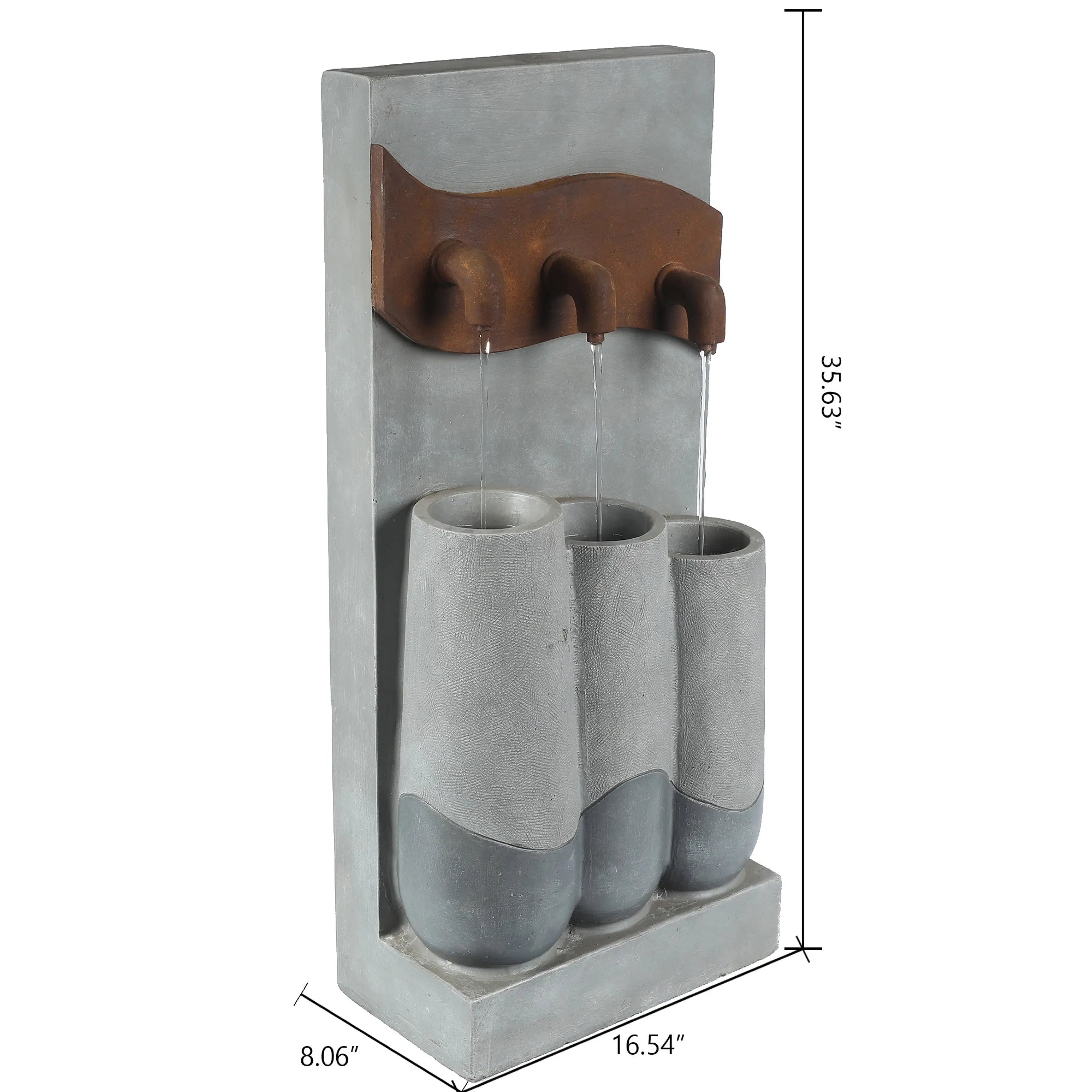 A rectangular fountain with LED light features three vertical spouts pouring water into cylindrical basins, ideal for outdoor living areas; dimensions are 35.63 tall, 16.54 wide, and 8.06 deep.