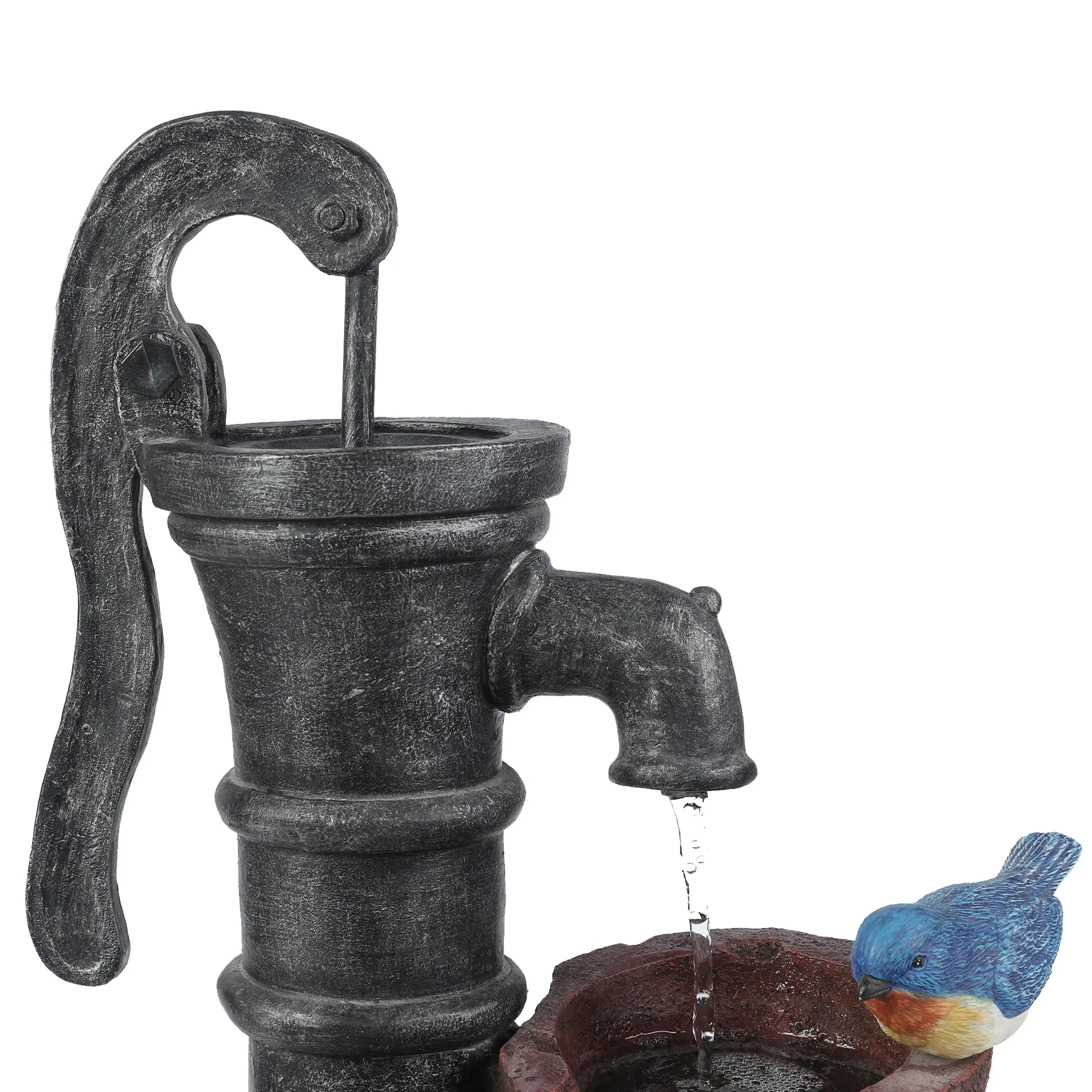A black vintage-style water pump with water flowing from the spout into a basin, beside a small blue and orange bird figurine, brings rustic charm to any space—perfect as farmhouse outdoor fountain décor.