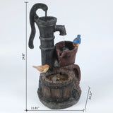 A decorative farmhouse outdoor fountain shaped like a hand pump with two bird figurines, water cascading into a barrel. Dimensions: 24.8 tall, 14.37 high base, 11.81 wide—perfect for adding rustic charm to your vintage farmhouse décor.
