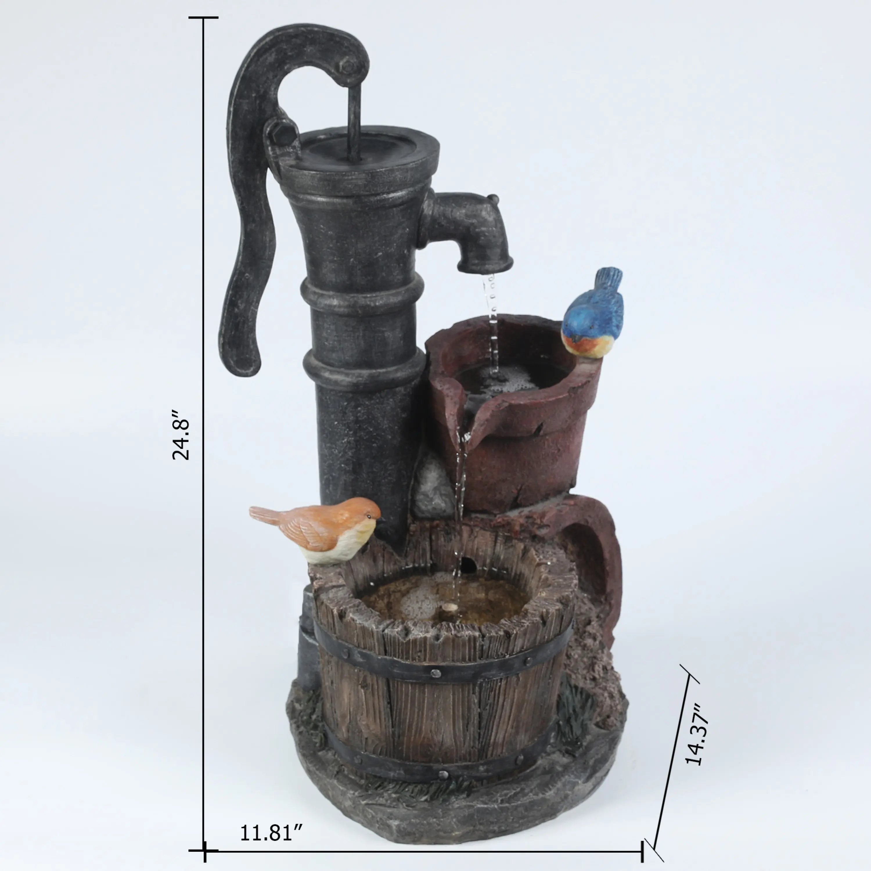 A decorative farmhouse outdoor fountain shaped like a hand pump with two bird figurines, water cascading into a barrel. Dimensions: 24.8 tall, 14.37 high base, 11.81 wide—perfect for adding rustic charm to your vintage farmhouse décor.