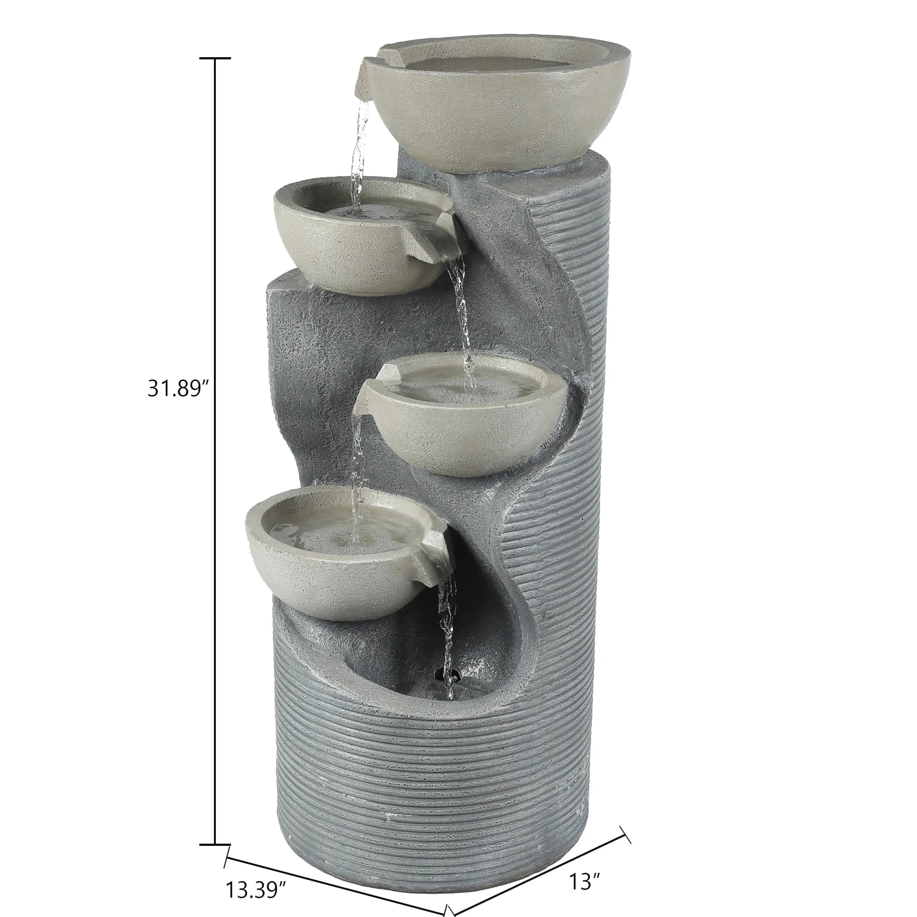 Modern Gray Resin Tiered Bowls Outdoor Water Fountain with Lights - LuxenHome