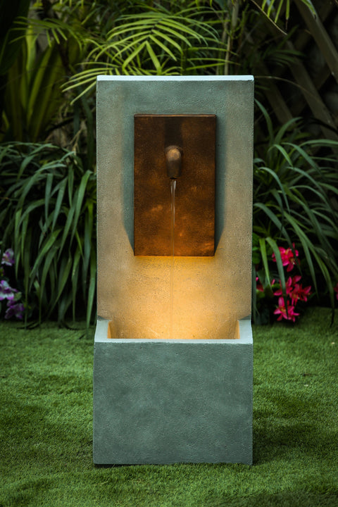 Gray and Brown Column Cement Outdoor Fountain with LED Light