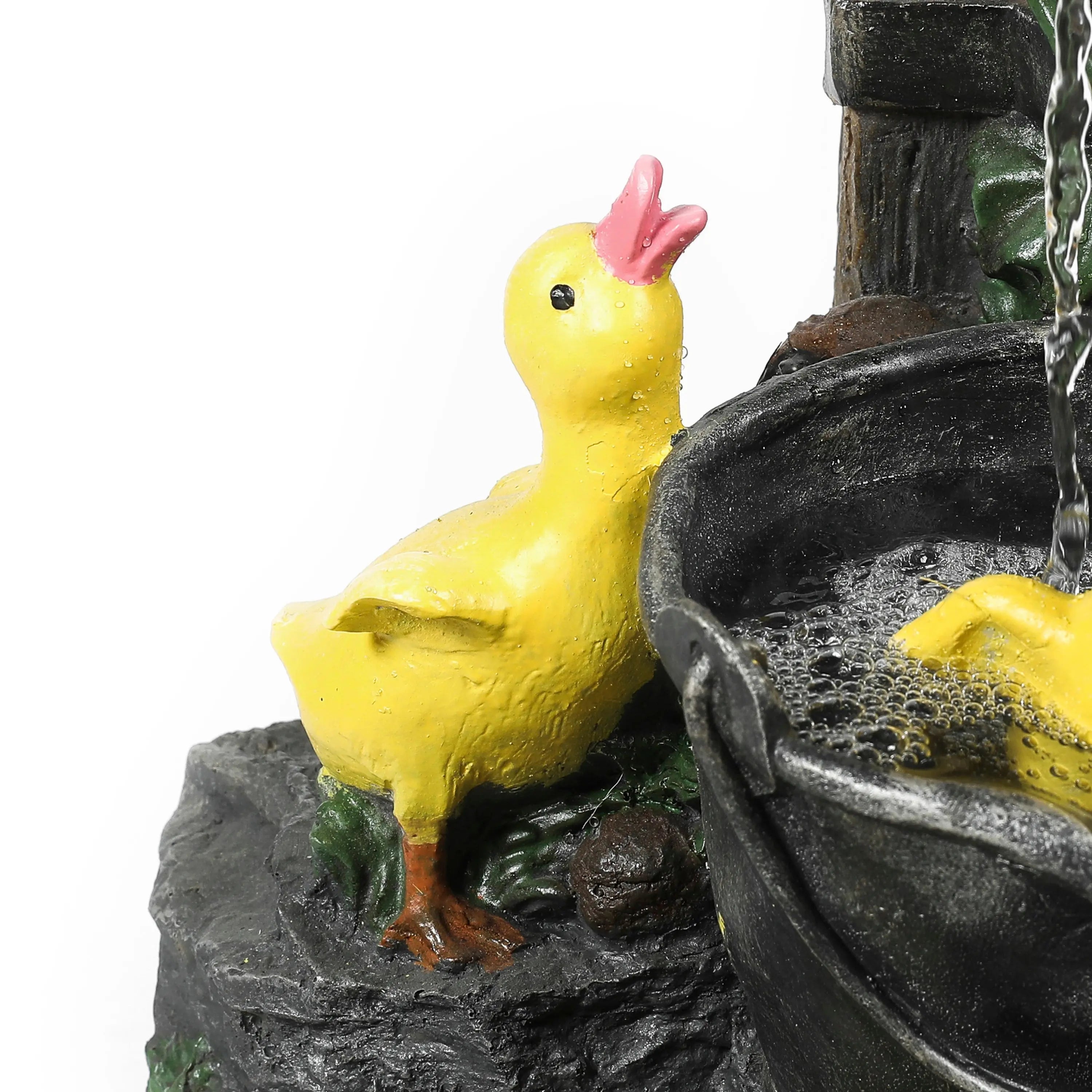 baby-ducks-bathing-at-a-farmhouse-style-water-pump-outdoor-resin-fountain