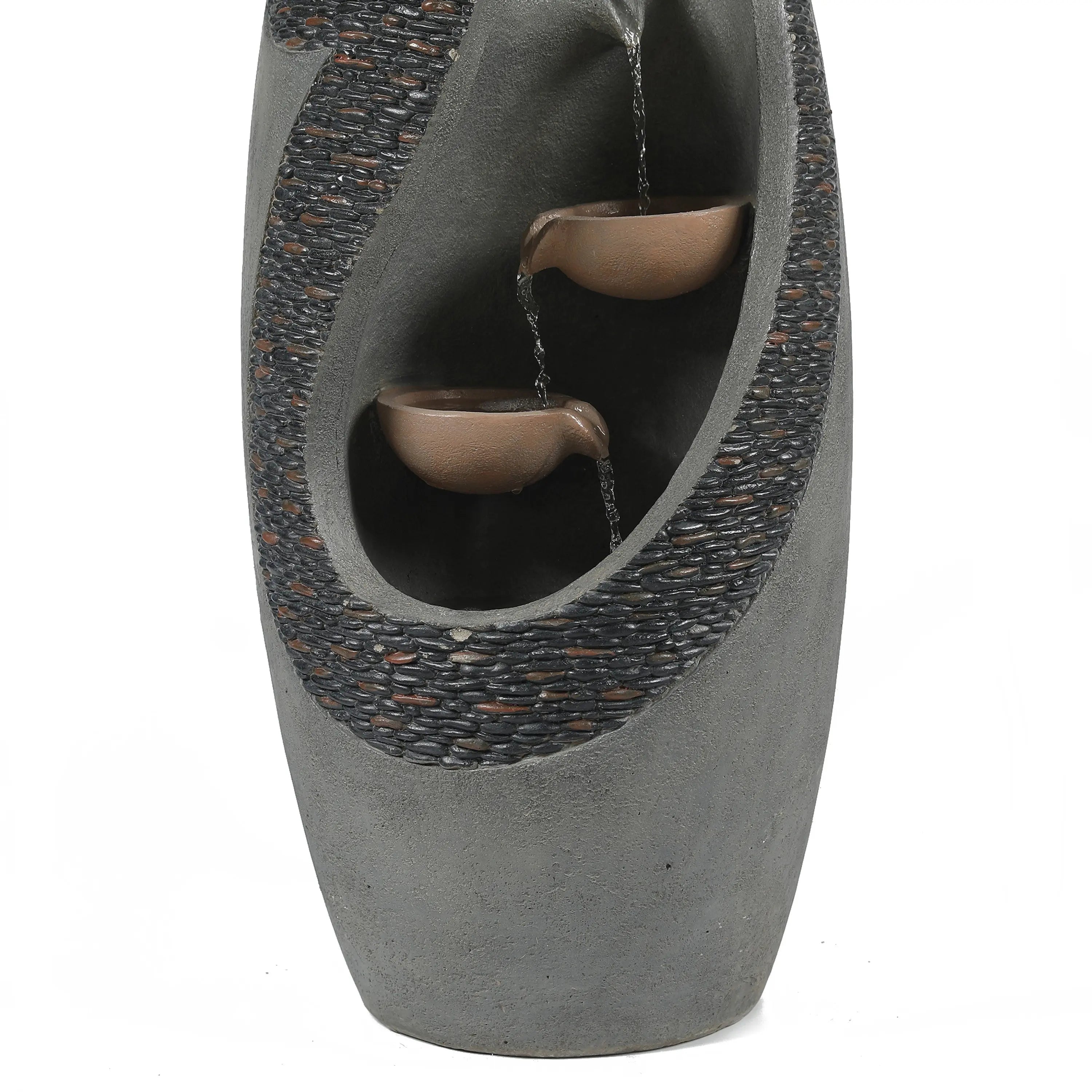 A modern patio fountain with a gray stone finish features a cascading curved structure of two brown bowls, one above the other, channeling water from top to bottom. Crafted from weather-resistant materials for lasting outdoor elegance.