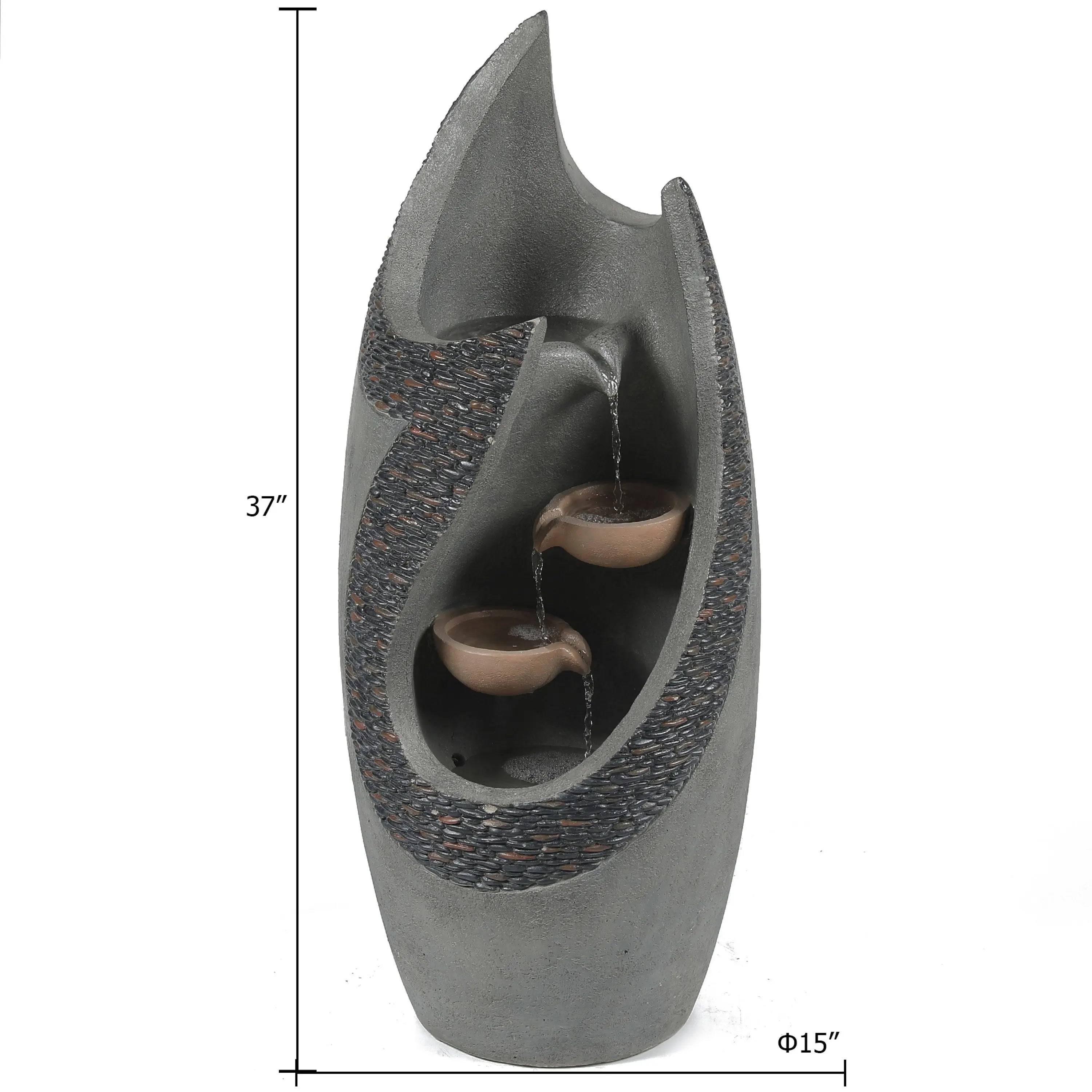 Tall, modern patio fountain featuring a cascading curved structure with two tiered bowls and water gently flowing; crafted from weather-resistant materials. Dimensions are 37 inches high by 15 inches wide.