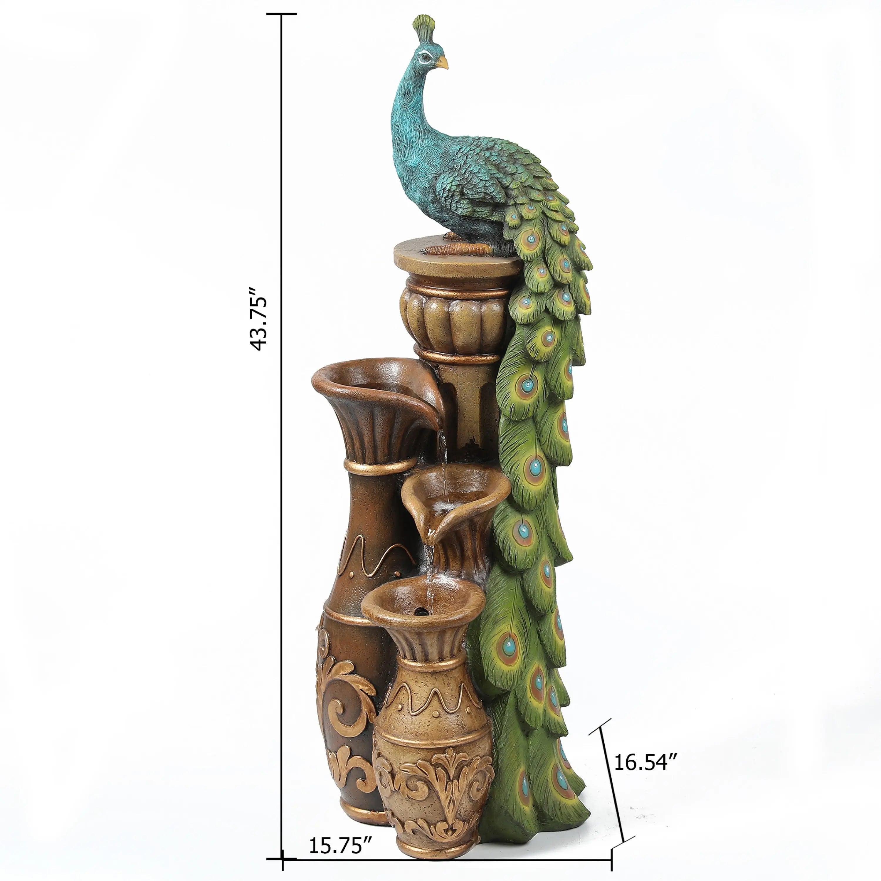 A decorative sculpture of a peacock perched on ornate vases, this striking piece doubles as garden décor and stands 43.75 inches tall, 15.75 inches wide, and 16.54 inches deep.