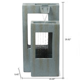 Gray rectangular tiered waterfall fountain with water flowing from the top to the lower basin; features weather-resistant materials for outdoor use. Overall dimensions are 29.92 H x 15.25 W x 9.45 D.