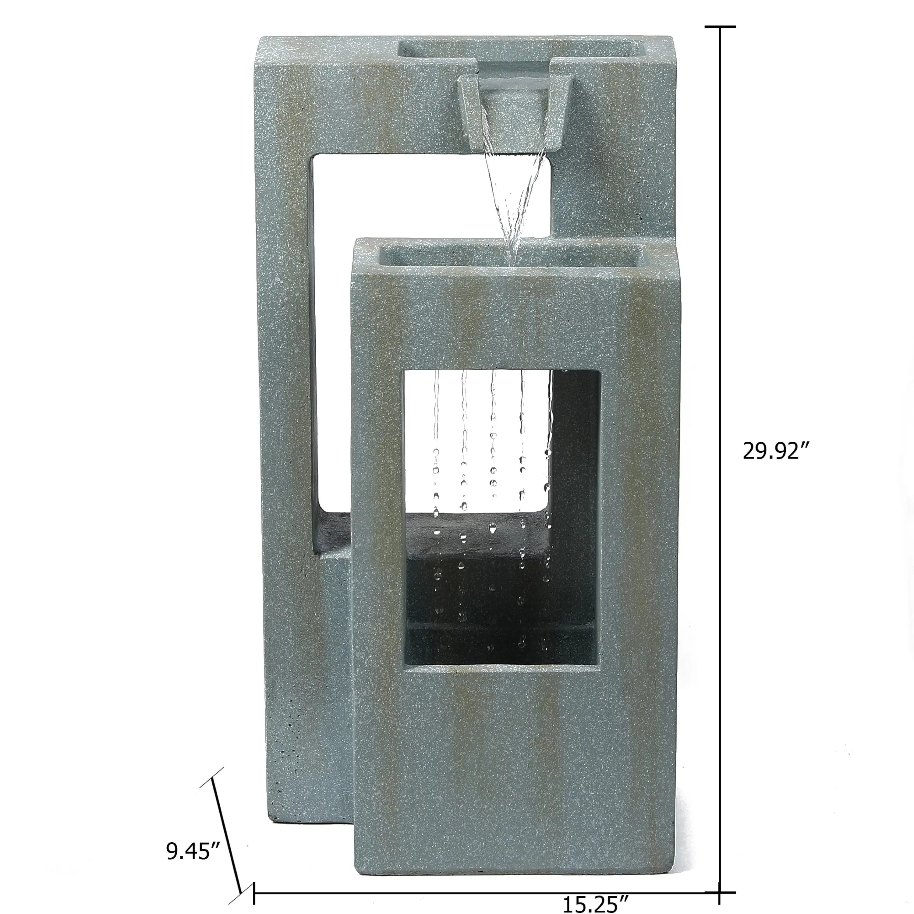 Gray rectangular tiered waterfall fountain with water flowing from the top to the lower basin; features weather-resistant materials for outdoor use. Overall dimensions are 29.92 H x 15.25 W x 9.45 D.