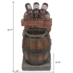 A decorative wine barrel fountain featuring three wine bottles pouring water into a wooden barrel, enhanced by LED lighting and soothing water sounds. Measures 26.77 tall, 14 wide, and 15.75 deep.