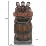 A decorative wine barrel fountain featuring three wine bottles pouring water into a wooden barrel, enhanced by LED lighting and soothing water sounds. Measures 26.77 tall, 14 wide, and 15.75 deep.