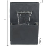 Modern gray rectangular waterfall outdoor fountain with cascading water, built-in LED lighting, and dimensions: 31.8 inches high, 23.4 inches wide, and 13.7 inches deep.