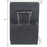 Modern gray rectangular waterfall outdoor fountain with cascading water, built-in LED lighting, and dimensions: 31.8 inches high, 23.4 inches wide, and 13.7 inches deep.