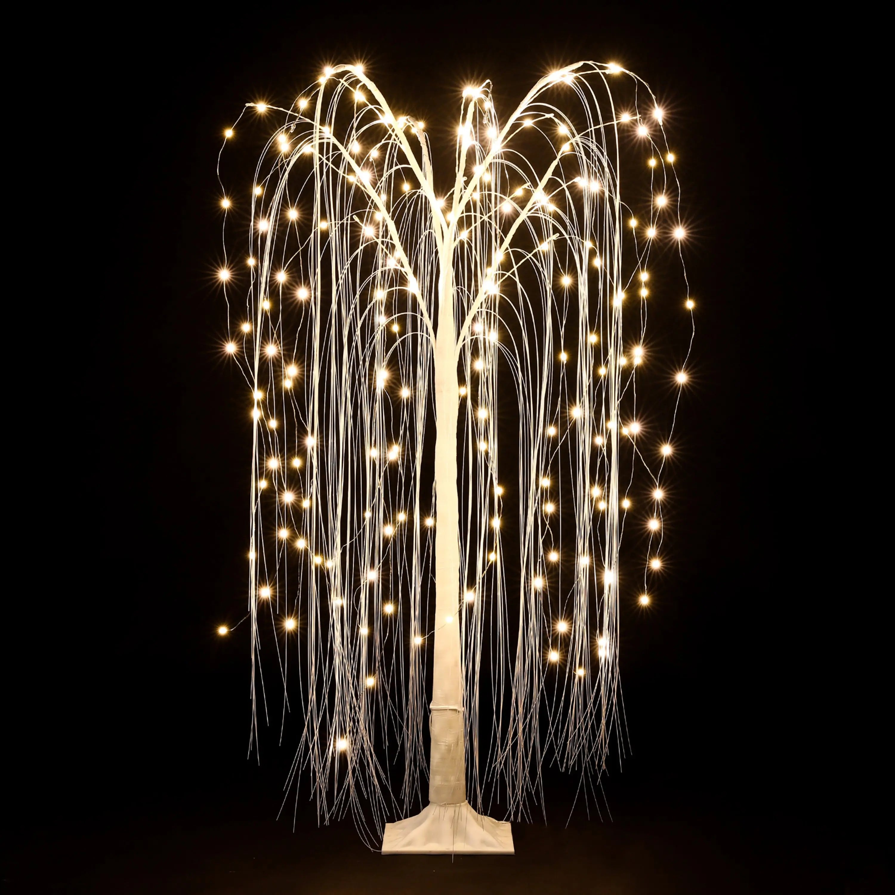 A romantic willow tree-inspired sculptural light fixture with thin branches, each pre-lit with small warm white LED lights, set against a black background.